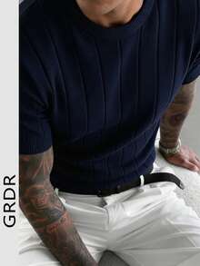 GRDR 男士夏季针织纯色罗纹短袖毛衣，运动休闲风，适合户外活动 - 藏蓝色 - 查看 3