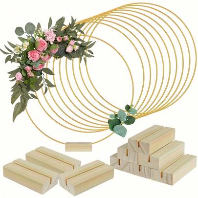 1/5/10 set Centros de mesa con aros florales de metal y soporte de madera para decoración de mesa - Anillos redondos, centros de mesa para bodas, escritorios, fiestas y cumpleaños, decoraciones para fiestas y cumpleaños, decoraciones interiores y exteriores para días festivos