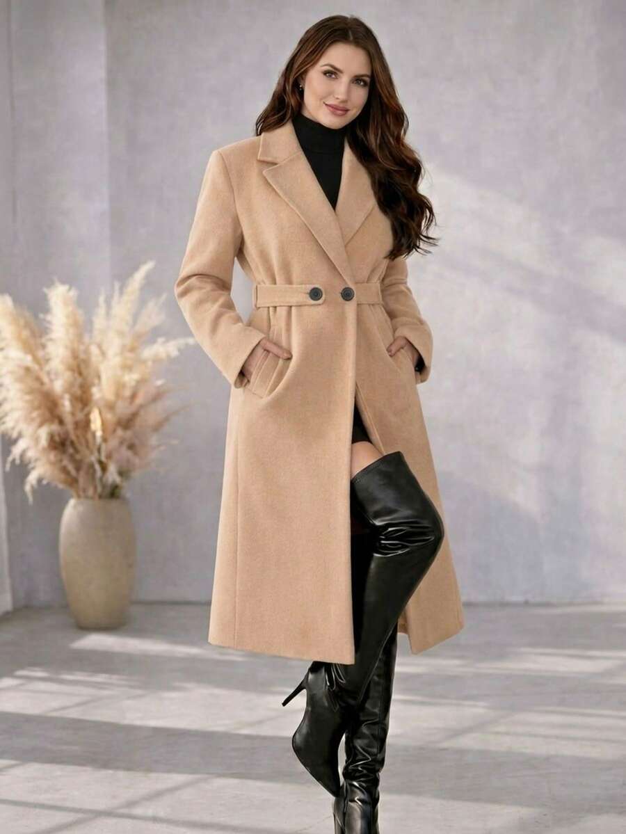 Women's Elegant Luxury La Batida Overcoat With Waist Belt, Autumn/Winter Style, For Women, Cold Weather Clothing, Brown, Black, Beige - 米色 - 查看 1