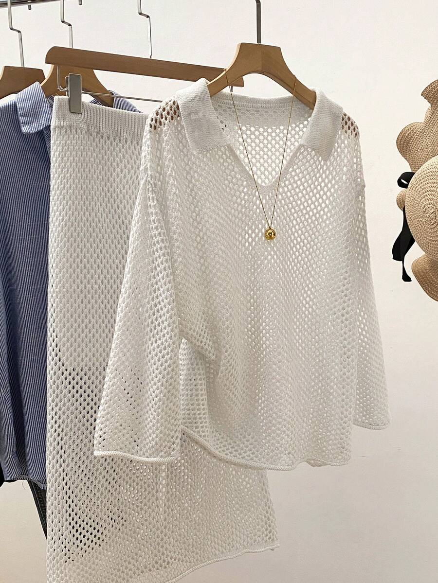 女士白色针织罩衫，镂空设计，夏季沙滩装，日常百搭 - 白色 - 查看 1