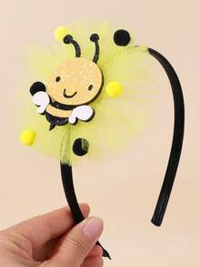 1pc Women's Bee Decorated Headband, Yellow Mesh Hair Band, Black & Yellow Fluffy Ball Decor, Cute Glitter Bee Hair Hoop, Cartoon Spring/Picnic Hair Accessory, Suitable For Teenagers - Yellow - View 2
