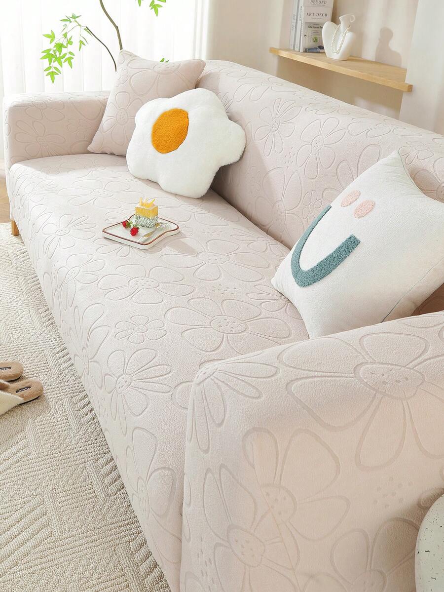 1pc Spring/Autumn Minimalist Floral Sofa Cover, Hand Washable & Machine Washable, Premium Full Coverage Sofa Throw Blanket, Anti-Cat Scratch Sofa Protector, All-Season Use - Beige - View 1
