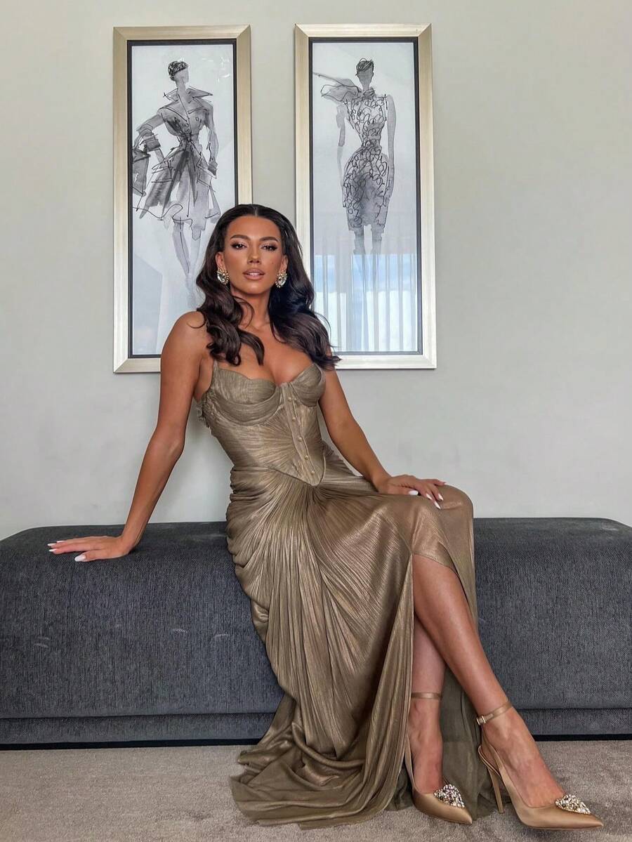 Prom Maxi Dresses Birthday Dress Summer Outfits Vestidos Elegantes De Mujer Wedding Guest Dress Champagne Gold Satin Corset Maxi Dress – Spaghetti Strap Pleated Bodycon Formal Gown For Wedding Guest Graduation Prom Music Festival Pleated Bronzing Lace-Up Dress Casual Party Women's Dress Skirt - Vàng - Xem 1