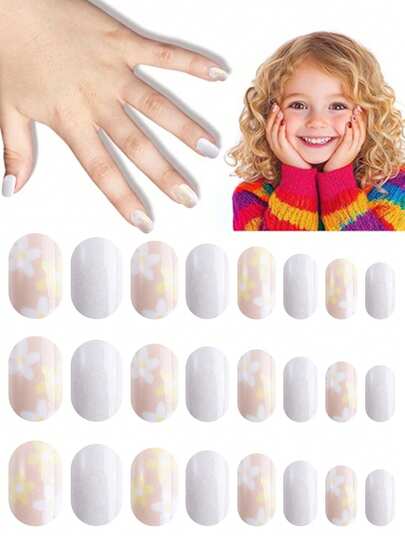 NAIO 24pcs Kids Spring/Summer Wearable Nails, 1 Pack Cream Color Floral Element Pre-Glued Short Fake Nail Stickers, Suitable For Little Girls Birthday Gifts, Parties And Styling Decoration