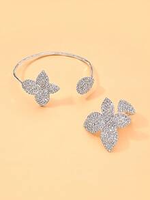 Set de joyería de 2 piezas con brazalete y anillo de flor con rhinestones dorados, set de joyería de flor grande para mujer, accesorios para fiestas - Plateado - Ver 2