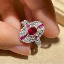 Women's Oversized Bicolor Inlaid Red Oval Zirconia Ring - Red - View 3