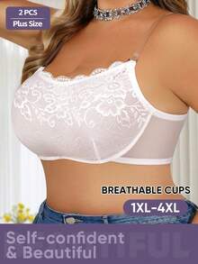 MEIYATING 2pcs Plus Size Women Lace Trim Underwire Bralette, Sexy Lightweight Supportive Comfortable Bra With Transparent Straps, Suitable For Daily Wear - Multicolor - View 7