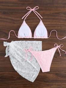 Women's Summer Lace Spaghetti Strap Sexy Bikini Set Set, Includes Cover-Up And Skirt Vacation - Baby Pink - View 2