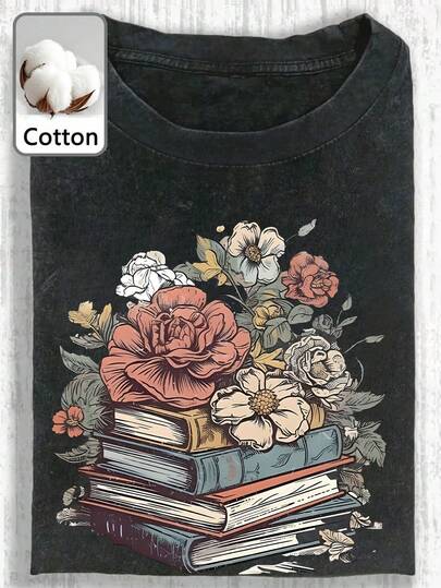 Plus Size Women's Casual Short Sleeve T-Shirt With Book Stack Graphic, Vintage Book Spine Decor, Reading & Storytelling Themed, Suitable For Valentine's Day, Back To School, Summer, Summer Clothing, Summer Apparel, Summer Vacation Wear, Women's Summer Tops