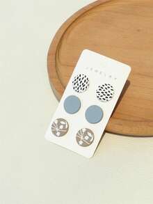 3 Pairs Polka Dot & Leaf Print Acrylic Earrings, Cute Round Earrings With Ceramic Texture For Girls - Multicolor - View 1
