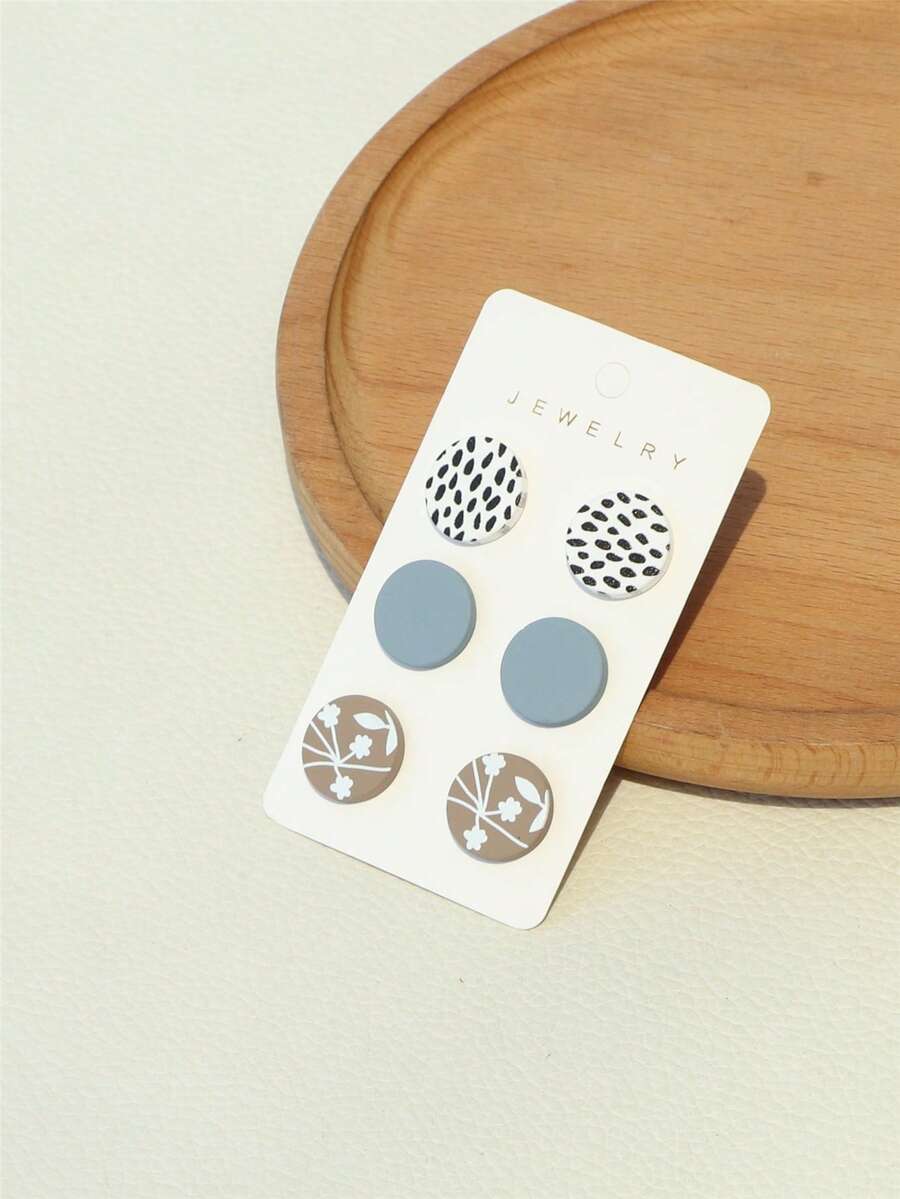 3 Pairs Polka Dot & Leaf Print Acrylic Earrings, Cute Round Earrings With Ceramic Texture For Girls - Multicolor - View 1