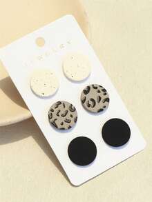 3对波点和豹纹亚克力圆形耳环，个性化陶瓷质感耳环，适合女孩佩戴 - 彩色 - 查看 2