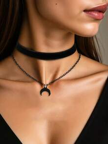 1件装 女士哥特复古朋克风双层黑色月亮吊坠项链 - 彩色 - 查看 5