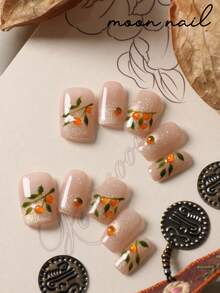 10pcs Press On Nails Golden Cat's Eye Green Leaf Small Persimmon Nails Press On Nail Supplies Short Nails Fake Nails Artificial Nails Kit Includes 1sheet Adhesive Tabs &1 Pc Mini File - Multicolor - View 1