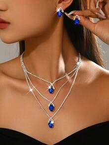 Charming Multi-Layer Vintage Jewelry Set - Sparkling Crystal Layered Necklace + Earrings, Bridal Wedding Formal Cocktail Party Jewelry, Anniversary Gift - 1811-hB Blue - View 2