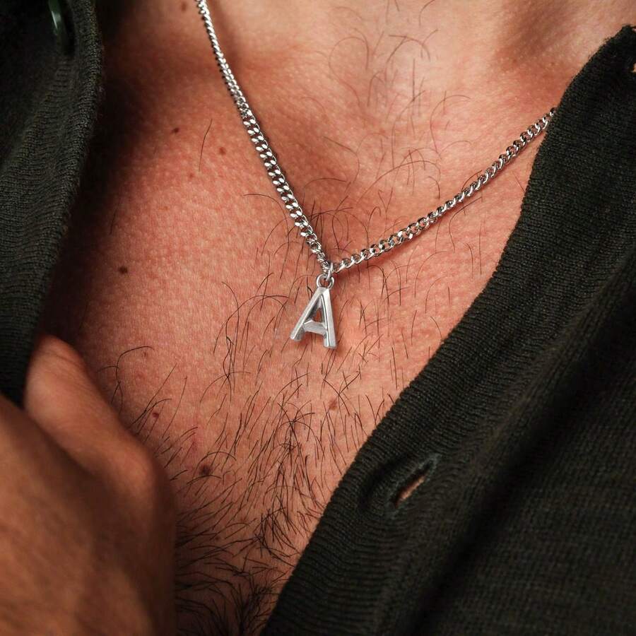 1pc Simple Fashion Initial Pendant Golden Stainless Steel Cuban Chain Necklaces For Men - Silver - View 1