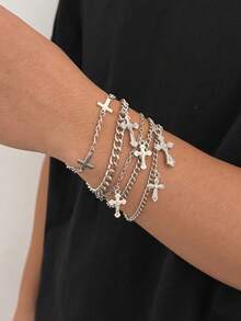 5件套哥特朋克风3D十字架吊坠链条金属手链套装，摇滚范儿，休闲简约，街头风，度假，派对，情侣时尚配饰礼品 - 手鍊 - 查看 4