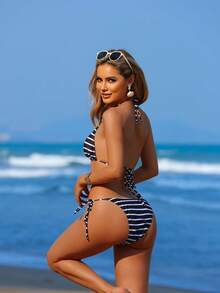 New Sexy Two-Piece Bikini Set, Backless With Ties, Suitable For Beach Vacations, Women's Swimwear - màu đen - Xem 4