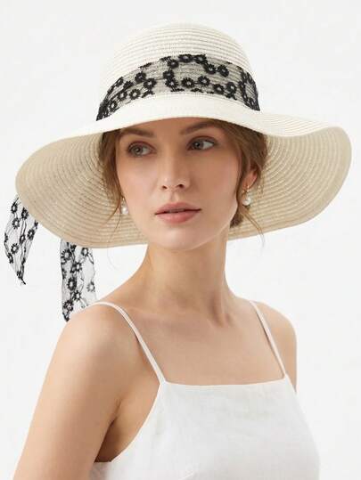 1 pieza, Sombrero de paja de verano para mujer, sombrero de playa, sombrero cubo con protección solar, sombrero de vacaciones en la playa, cinta con estampado de flores, cinta con estampado de mariposas, sombrero de estilo bohemio, adecuado para usar con vestidos cuando se viaja