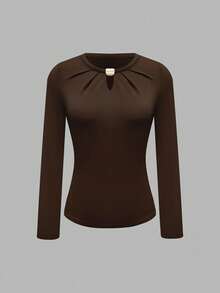Solid Color Knit Top With Openwork And Ruched Neckline, Suitable For Everyday Wear, Nights Out And Street Style In Winter, Brown Top, Elegant Casual Women's Top For Spring - White - View 2