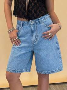 Quần short denim nữ màu đen cạp cao, dáng rộng, thoải mái - Thời trang, đa năng, phù hợp mặc hàng ngày, đi chơi, hẹn hò, dạo phố. - Rửa trung bình - Xem 2