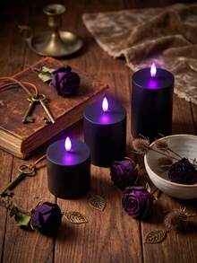 3pcs Flameless Candle Lights With Timer Remote Control, Battery Operated Black Purple Light, Suitable For Christmas, Halloween, Valentine's Day, Mother's Day, Gift, Birthday, Dining Table, Party, Holiday - Black - Purple Light Edition - View 7