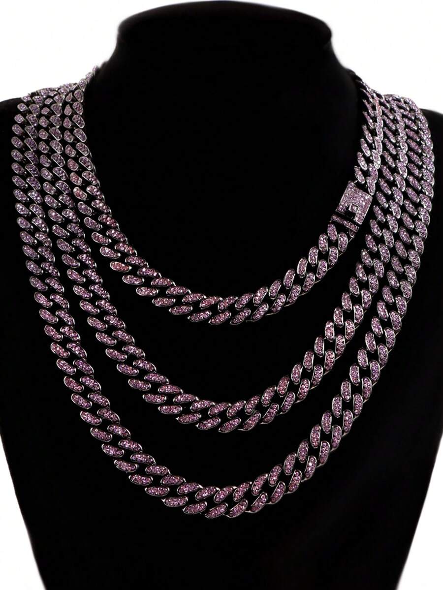 13毫米菱形紫色爪镶链，两排镶钻说唱歌手项链手链，男女皆宜，颈链饰品 - 男士項鍊手鍊 - 查看 1