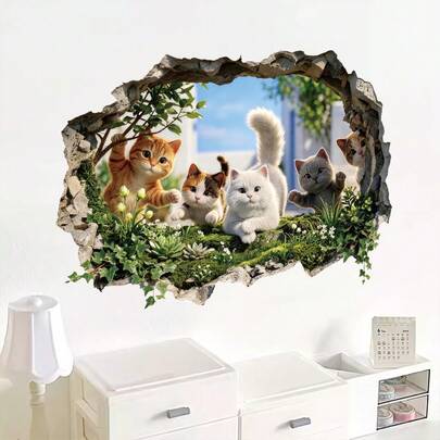3D猫咪探出头墙贴，可爱小猫爬出岩石边框贴纸，防水自粘浴室墙贴，宠物爱好者家居装饰