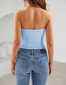 Women's Spring Striped Strapless Crop Tube Tops 2026 Summer Knit Bandeau Going Out Shirts Y2K Beach Vacation Outfits - Màu xanh nhạt - Xem 4