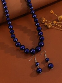 一套手工制作的夸张多层仿珍珠串珠项链，波西米亚风格海滩度假派对中东晚宴南亚时尚优雅女士珠宝项链和耳环 - 藏蓝色 - 查看 10