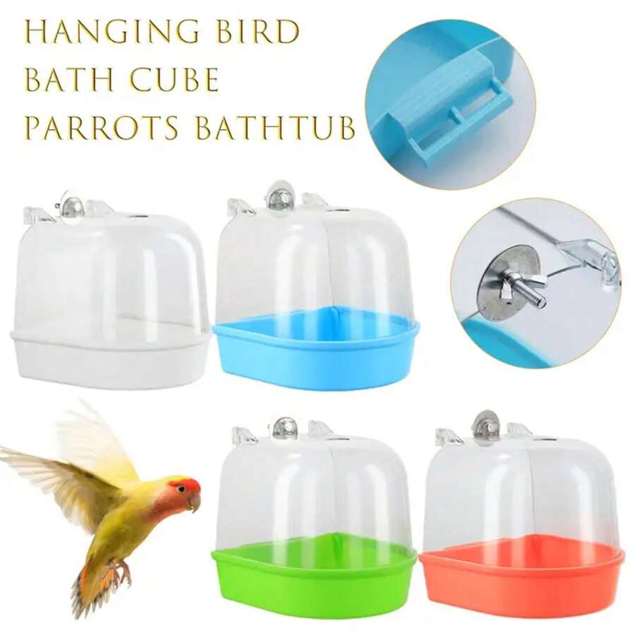 Baño para pájaros para limpieza de jaulas, suministros para mascotas, bañera para pájaros cacatúa con ganchos colgantes, cubo de baño para pájaros colgante transparente acrílico WZKN - Azul - Ver 1