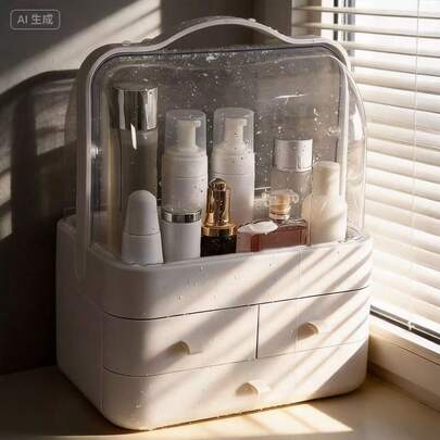 Nueva caja de almacenamiento de cosméticos portátil, organizador de escritorio a prueba de polvo para dormitorio, soporte para productos de cuidado de la piel con tapa