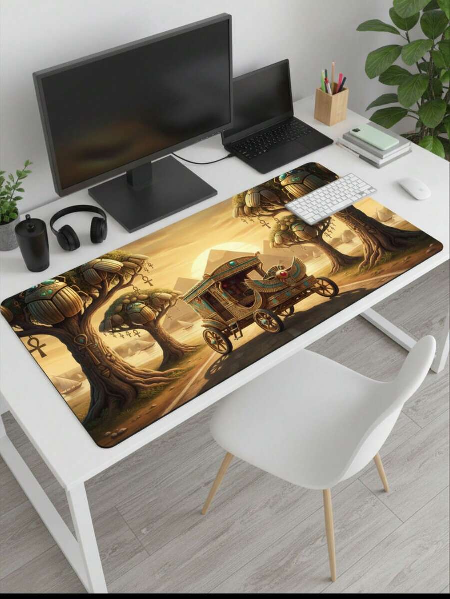 超大游戏桌垫兼鼠标垫 - 古埃及圣甲虫战车与金字塔图案，金色复古压纹，防滑橡胶底座，表面光滑，也可作键盘垫、桌垫或书架使用，适用于游戏玩家、办公室和宿舍，电脑、办公和游戏环境皆可，是送给游戏玩家的理想礼物，兼容鼠标和轨迹球。 - 查看 1