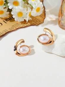 1 par de pendientes de aro elegantes y de moda con perlas falsas incrustadas, ligeros y lujosos, adecuados para viajes, playa y uso casual - Pendientes de perlas en espiral - Ver 7