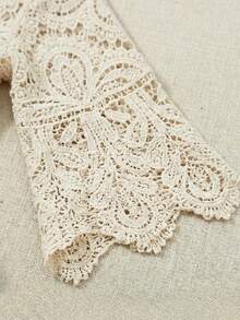 女士夏季波西米亚风镂空蕾丝衬衫 | 宽松短袖沙滩衬衫，适合度假、节日、度假村和音乐节穿着 - 杏色 - 查看 9