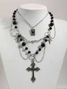 两件套哥特式多层十字架项链，仿珍珠流苏颈链，水钻扑克牌吊坠项链套装，朋克锁骨配饰，女士多层毛衣链 - 銀色 - 查看 1