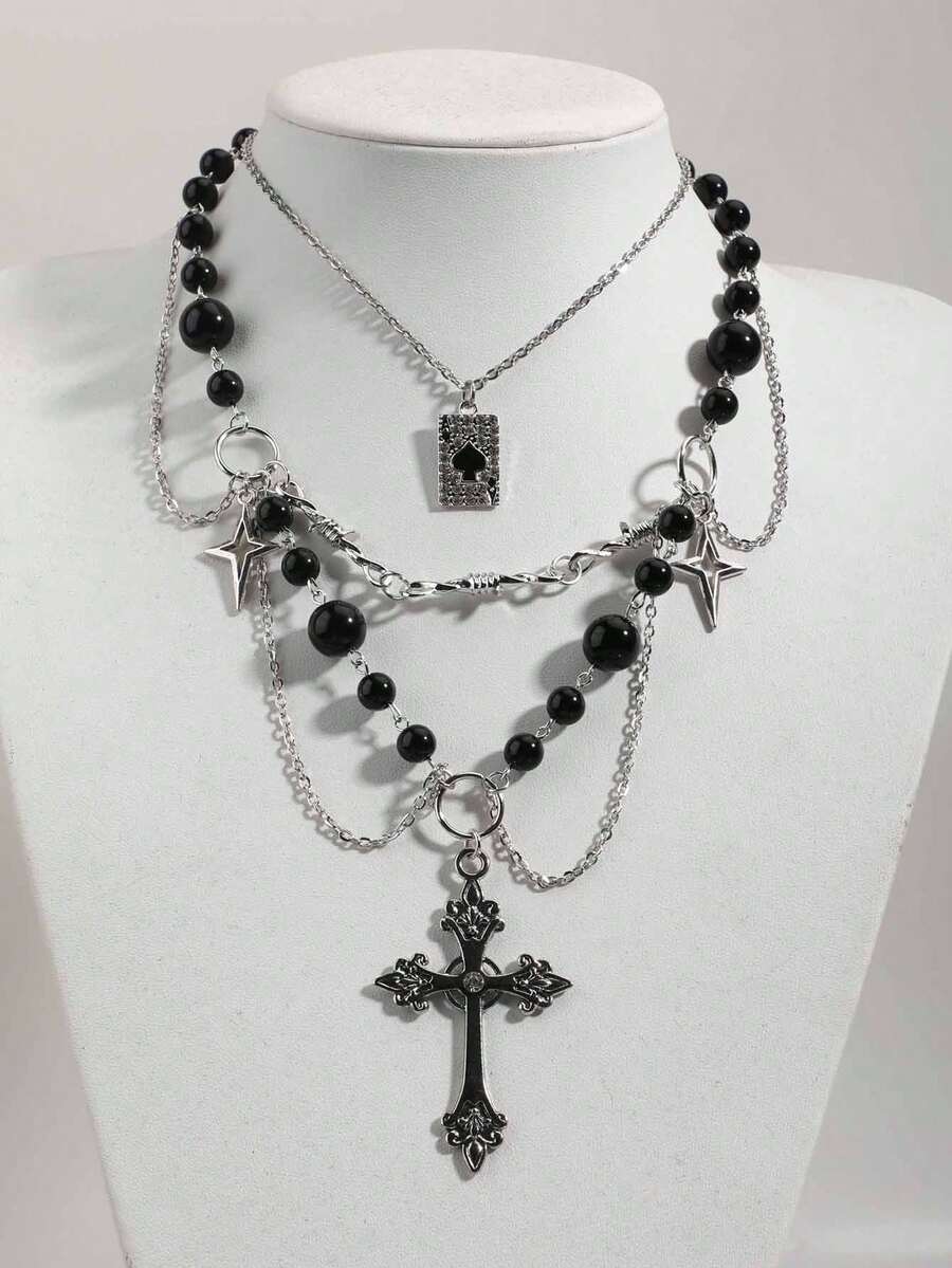 两件套哥特式多层十字架项链，仿珍珠流苏颈链，水钻扑克牌吊坠项链套装，朋克锁骨配饰，女士多层毛衣链 - 銀色 - 查看 1