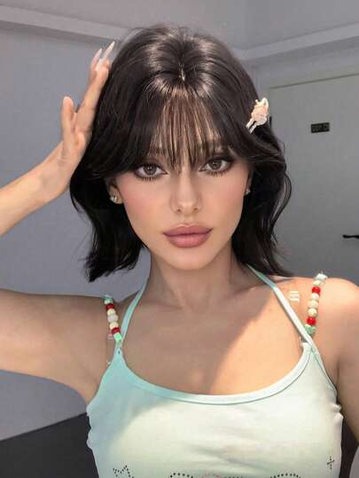 12-Inch Long Synthetic Wig Featuring A Natural Straight Style A Stunning Black. Designed With Bangs , It Is Crafted From Heat-Resistant Fiber To Ensure Durability. This False Hairpiece Is Perfect For Daily Use, Offering A Natural And Realistic Appearance That Mimics. (Excluding Accessories)