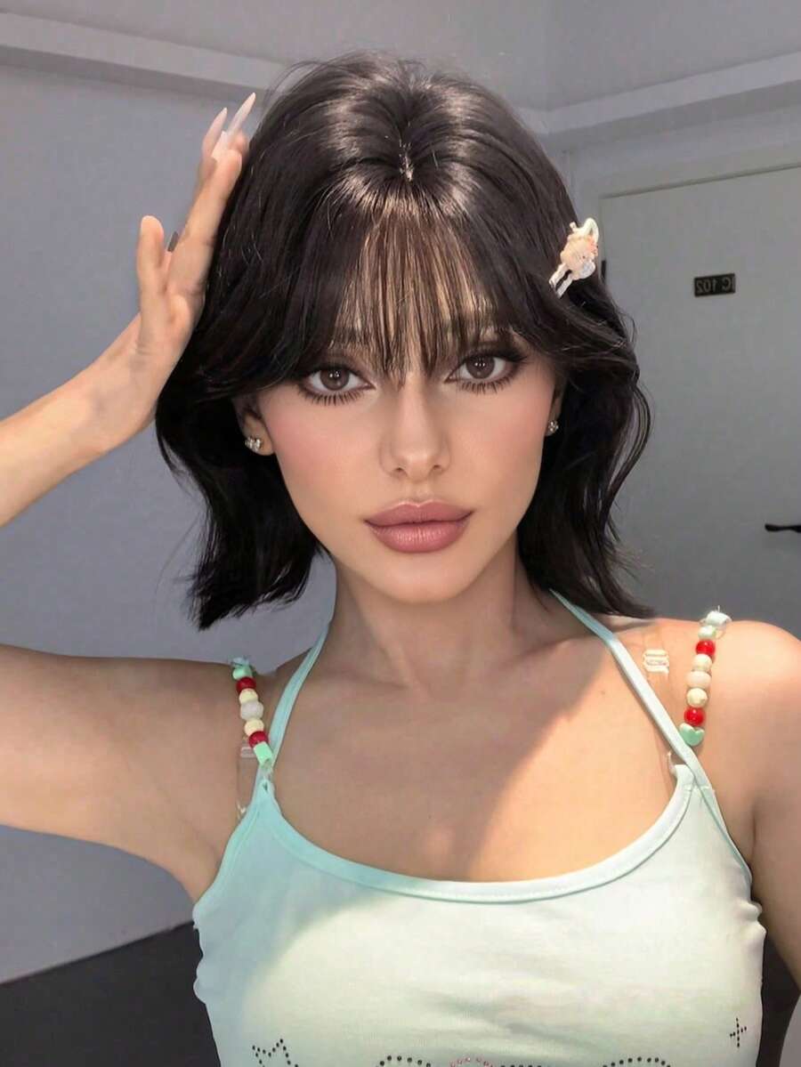 12-Inch Long Synthetic Short Bob Wig Featuring A Natural Straight Style A Stunning Black. Designed With Bangs , It Is Crafted From Heat-Resistant Fiber To Ensure Durability. This False Hairpiece Is Perfect For Ms Daily Use, Offering A Natural And Realistic Appearance That Mimics It Is Also A Gift For Women. (Excluding Accessories) - Black - View 1