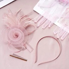 Bộ 2 món gồm mũ cài tóc Fascinator, găng tay ren, lông vũ, mũ dự tiệc trà, cocktail và khăn voan cưới, phụ kiện trang phục cho nữ. - màu hồng khỏa thân - Xem 3