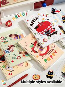 Loose-Leaf Notebook, Student Use, Notepad, Lined Inner Pages, Cartoon Apple And Cat Design, Detachable Pages, Perfect For Back-To-School Season. - Multicolor - View 2