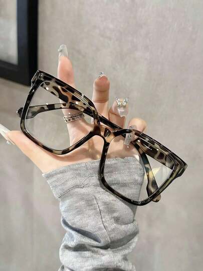 1 pieza/3 piezas Gafas cuadradas transparentes de estilo bohemio con estampado de leopardo de material TR, adecuadas para todas las estaciones