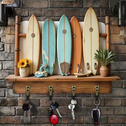 サーフボード型 キーフック 1個入り、木製多機能 家庭用 キーフック、4つの金属フック付き、壁面装飾、玄関装飾、部屋の装飾、ヴィラの装飾、四季を通して使えるハンガー装飾