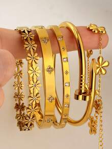5Pcs/1pc Gold Plated Stackable Bracelet Set | Floral Crystal Bangle | Dainty Fashion Jewelry Gift For Her - Yellow Gold - View 4