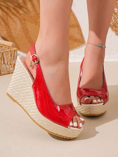 Women's Wedge Thick Bottom Sandals, Solid Color Elegant Party Buckle Rhinestone Embellished Ladies Sandals