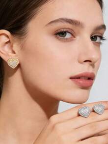 新款欧美风铜质微镶锆石心形耳钉，女士结婚周年纪念礼物 - 彩色 - 查看 2