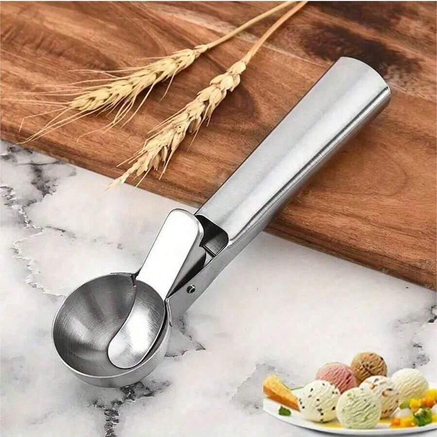 1pc Stainless Steel Ice Cream Scoop With Trigger, Watermelon Seed Spoon, Baking Dough Spoon, Reusable Kitchen Tool, Suitable For Home, Restaurant, Wedding, Party And Dorm Use
