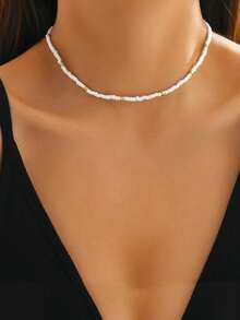 1pc Women's Fashion Versatile Minimalist Rice Bead Circle Necklace, Luxury Niche Choker Clavicle Chain Necklace - Multicolor - View 2