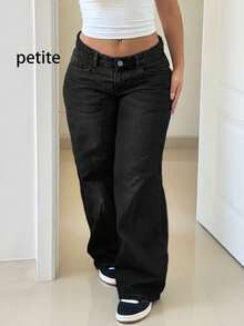 Petite Vintage Loose Fit Straight Leg Jeans, Black Relaxed Slimming Flare Pants - Black - View 1