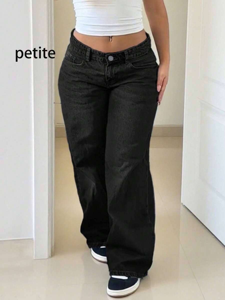 Petite Vintage Loose Fit Straight Leg Jeans, Black Relaxed Slimming Flare Pants - Black - View 1